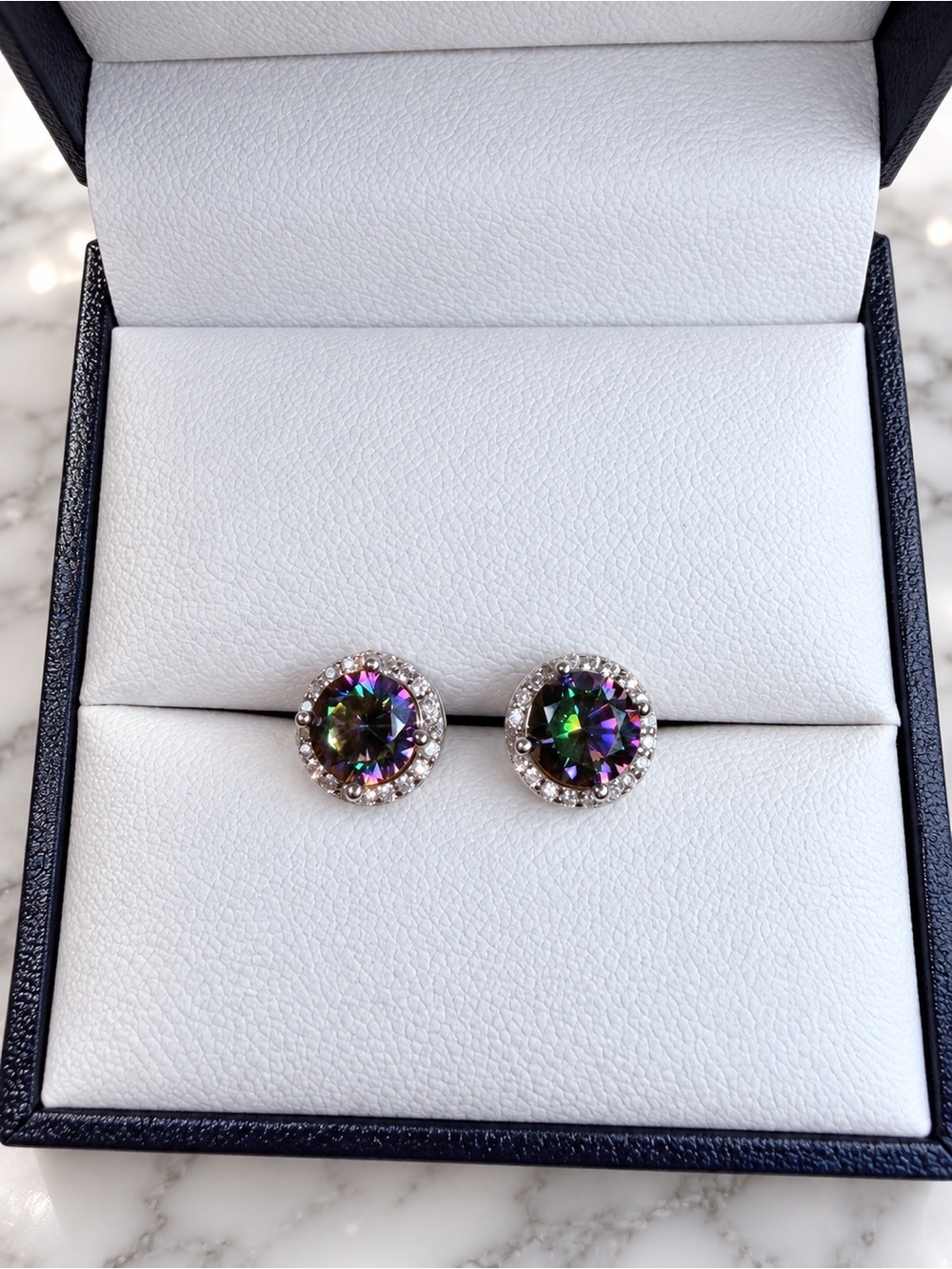 NEW Mystic Topaz Halo Stud Earrings 1.76 CTW 925 Sterling Silver Rainbow 6mm